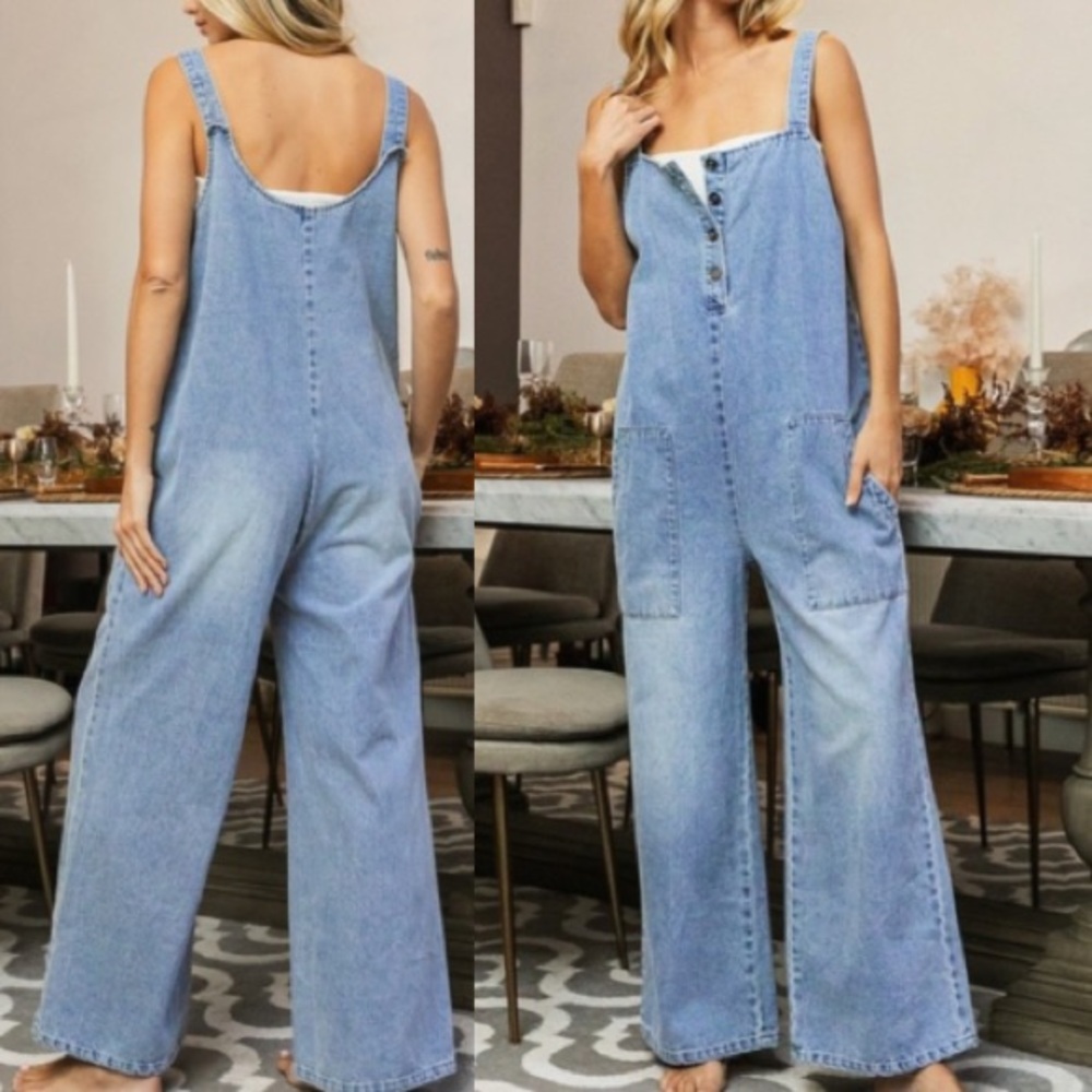 NEW In  WASHED DENIM BUTTON FRONT OVERALL JUMPSUIT WITH POCKETS